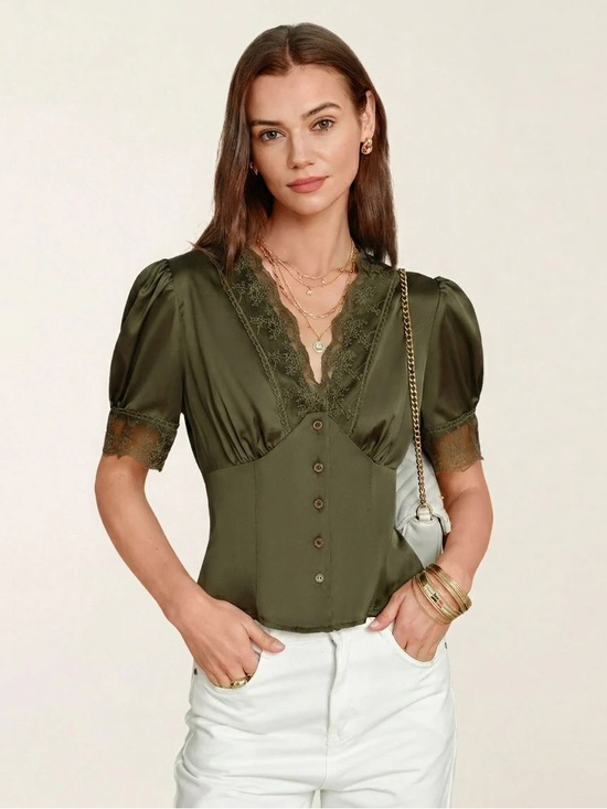 RIHOAS Tops - Rihoas Green V Neck Puffed Sleeve Lace Blouse